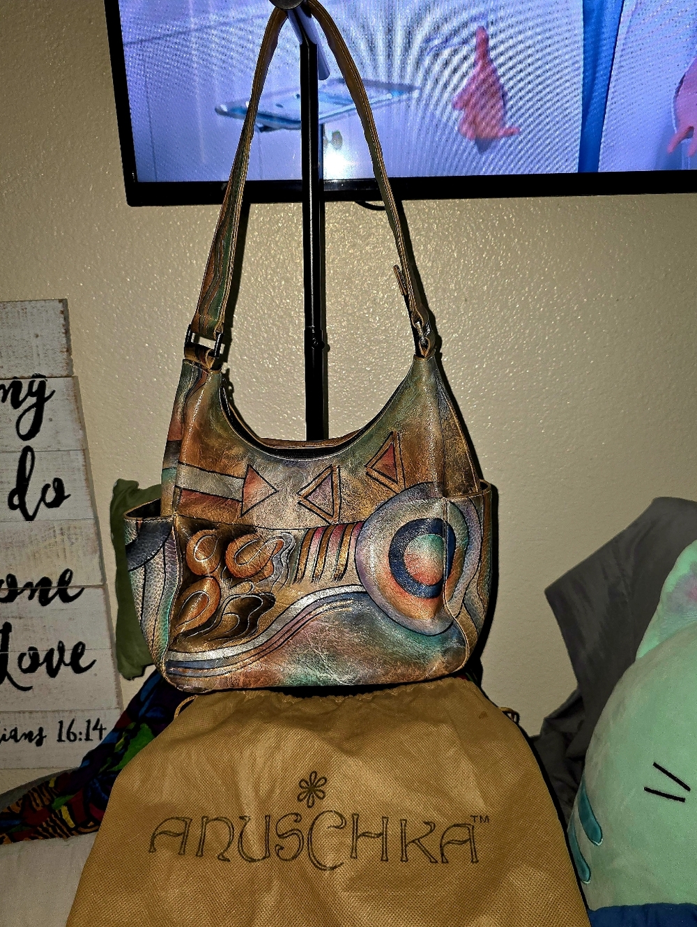 Anuschka Hand-Painted Multicolor Leather Shoulder Bag EUC